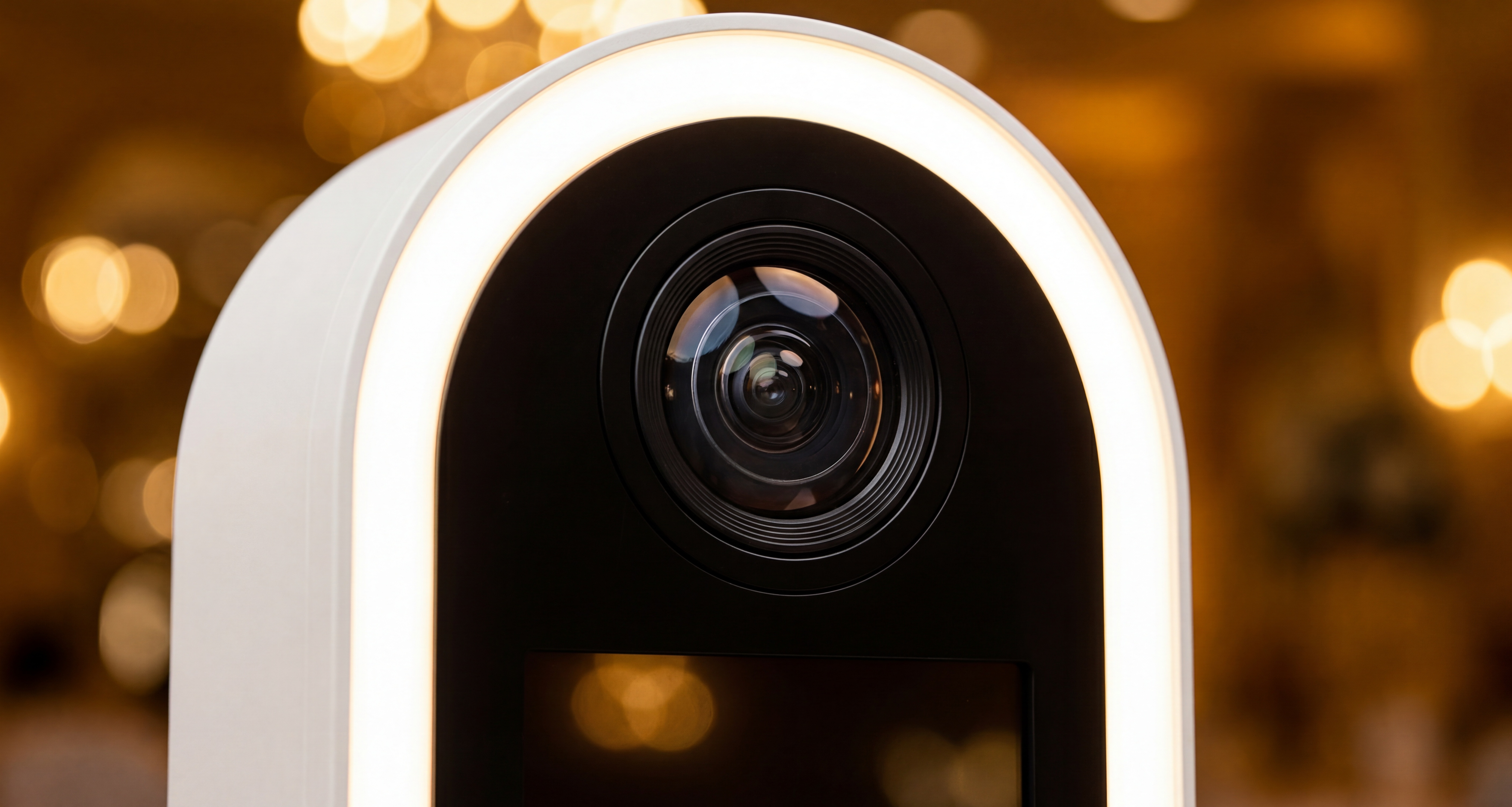 Detalle del lente y ring light del booth